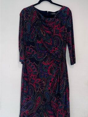 Ralph Lauren Navy Paisley Midi Dress with Pink & Teal Accents